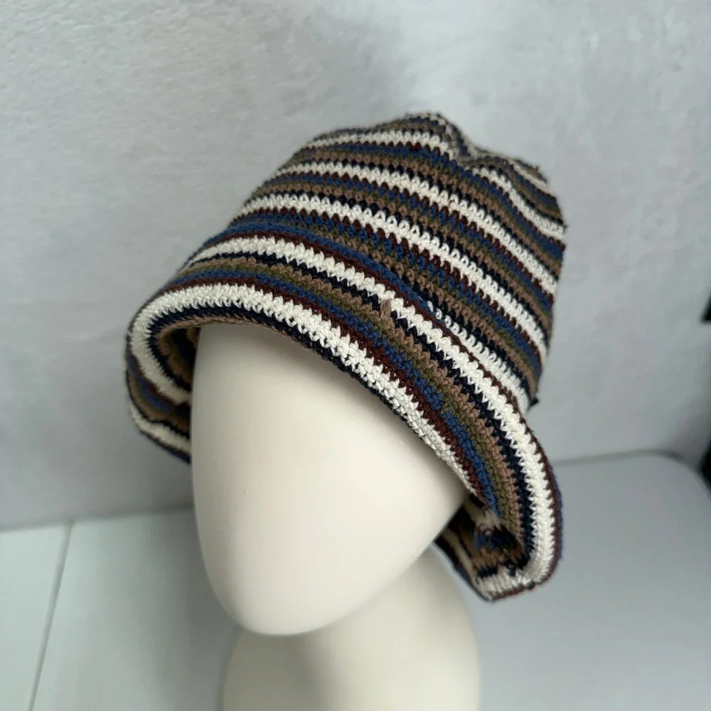 Vintage 90s Bucket Hat Crochet Knit Striped Boho Festival Knit Multicolor Retro